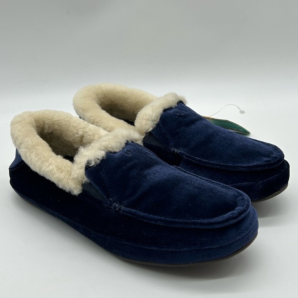 Olukai Ku‘una Lanui Slippers Women’s Size 6 Trench Blue | Real Fur Liner NWT - Picture 1 of 10